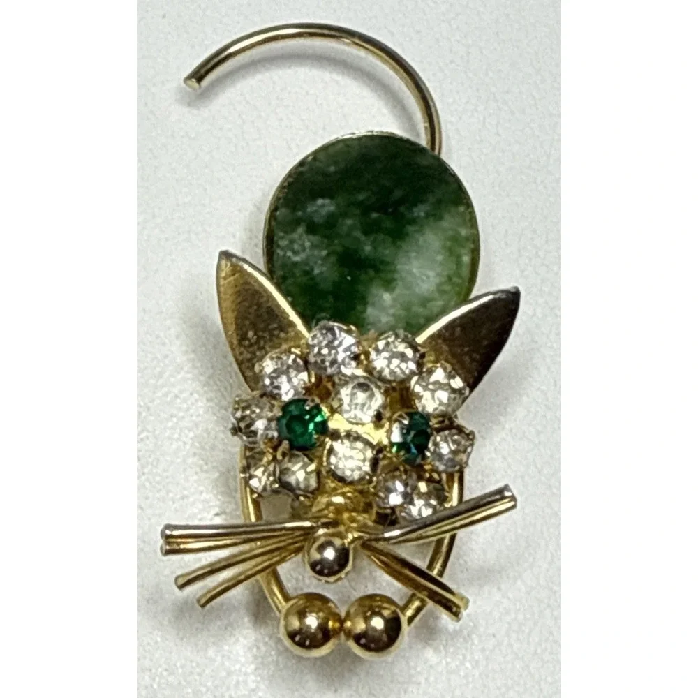 Vtg Green Cabacheon Rhinestone Figural Mouse Brooch Pin Gold Tone MCM 1623